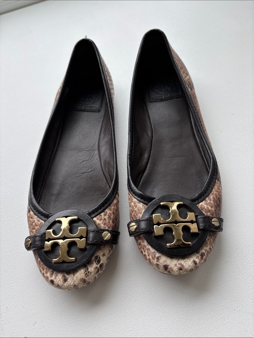 Tory Burch Snake-Print Logo Ballet Flats in Brown size 6.5 M